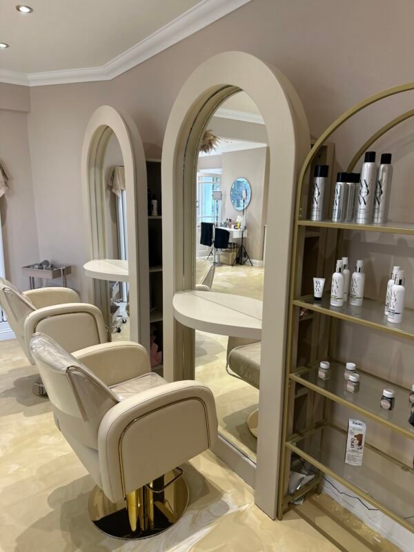 Bespoke salon mirror, Curved mirror, Hair stylish mirrored unit with rear storage