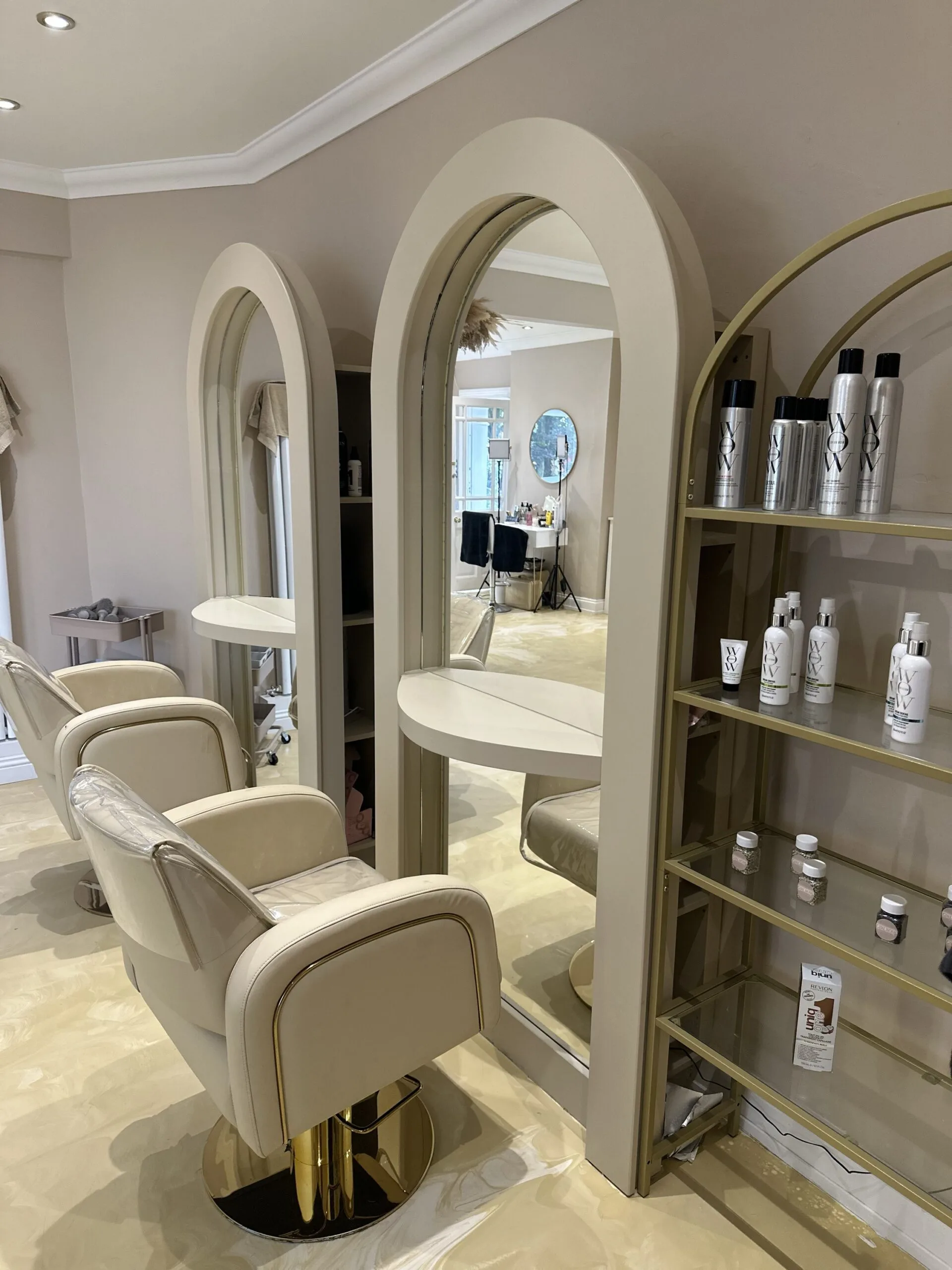 Bespoke salon mirror, Curved mirror, Hair stylish mirrored unit with rear storage