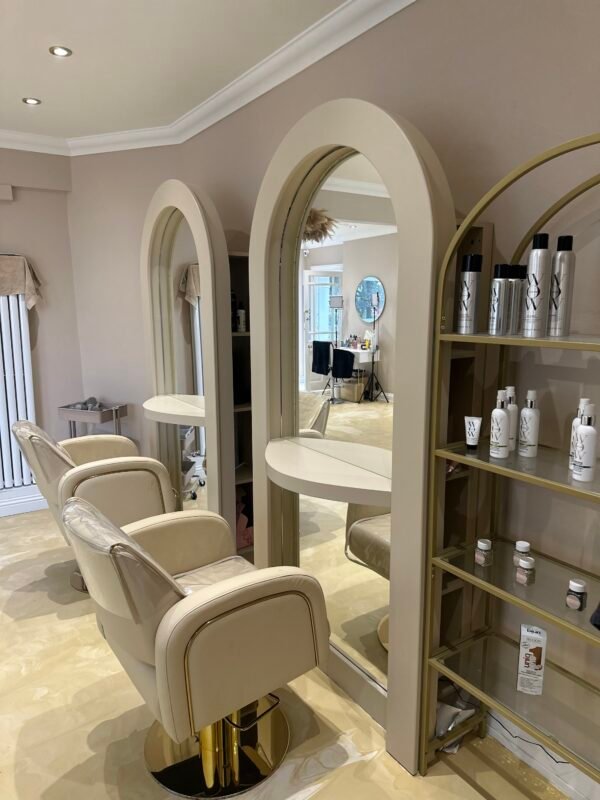 Bespoke salon mirror, Curved mirror, Hair stylish mirrored unit with rear storage
