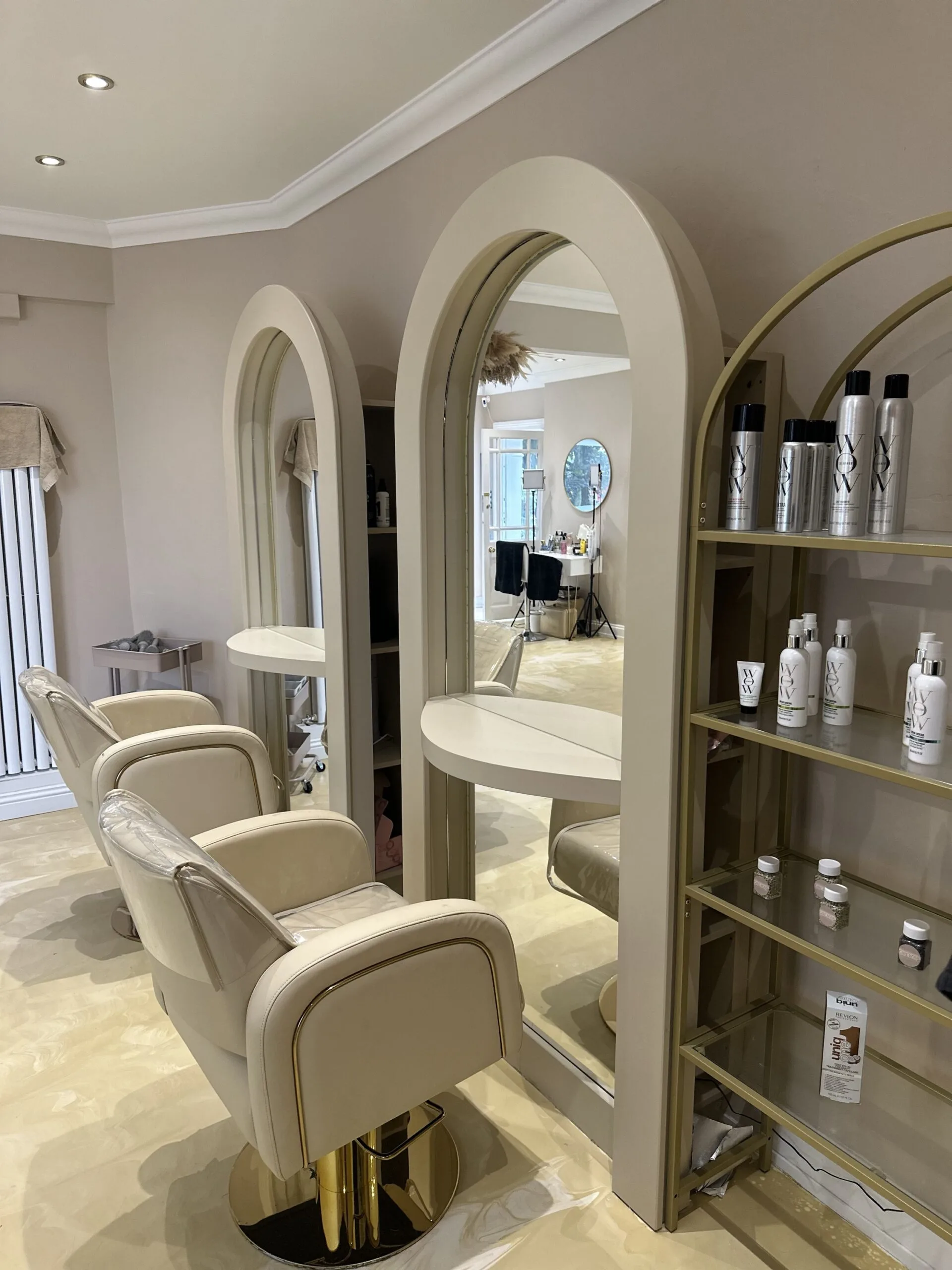 Bespoke salon mirror, Curved mirror, Hair stylish mirrored unit with rear storage