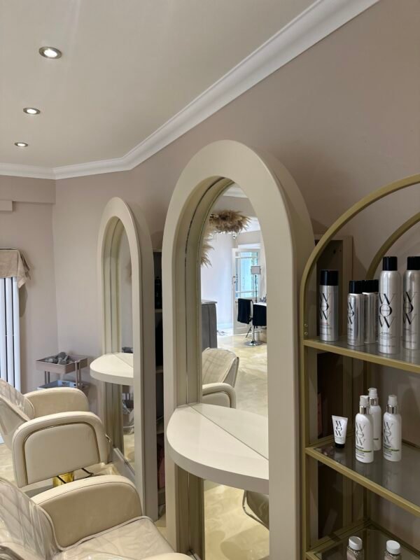 Bespoke salon mirror, Curved mirror, Hair stylish mirrored unit with rear storage