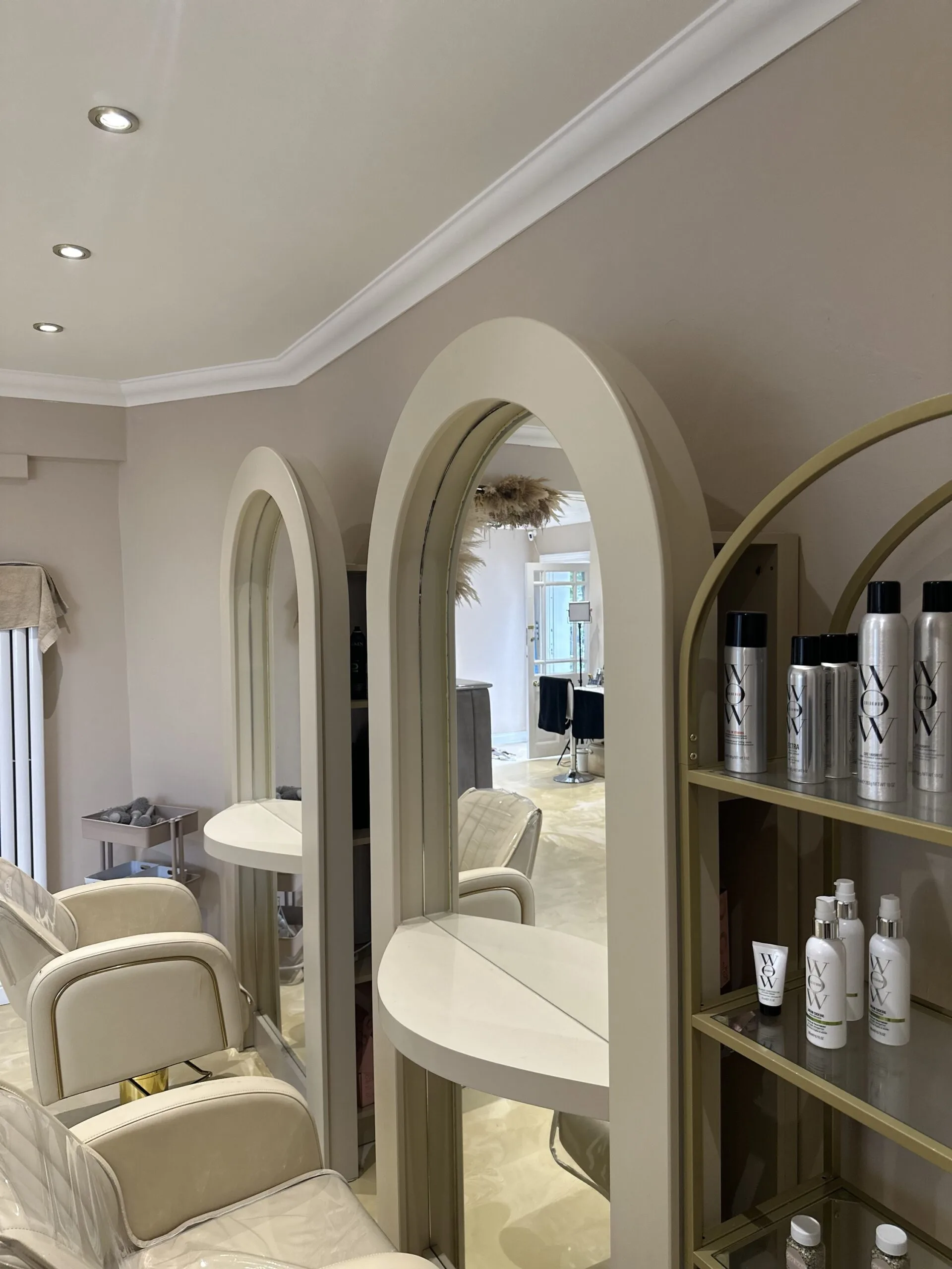 Bespoke salon mirror, Curved mirror, Hair stylish mirrored unit with rear storage