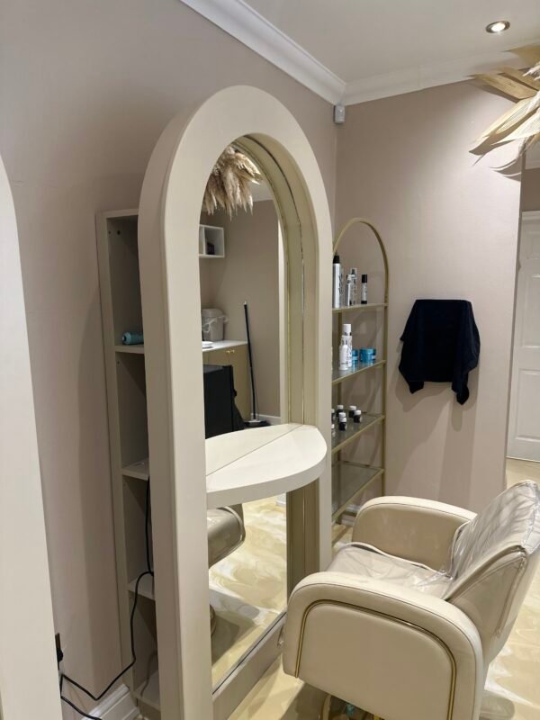 Bespoke salon mirror, Curved mirror, Hair stylish mirrored unit with rear storage