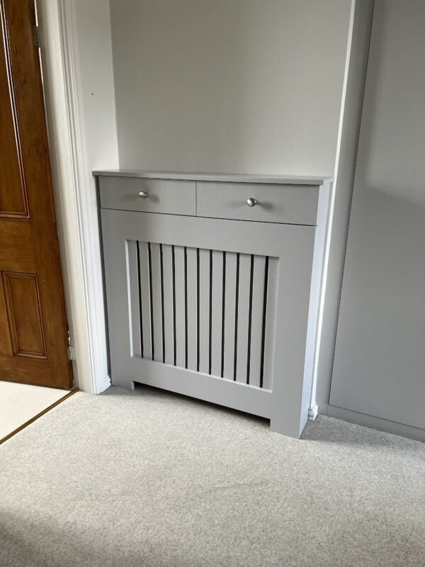Custom Radiator Cover With Drawers, Vertical Slat Design
