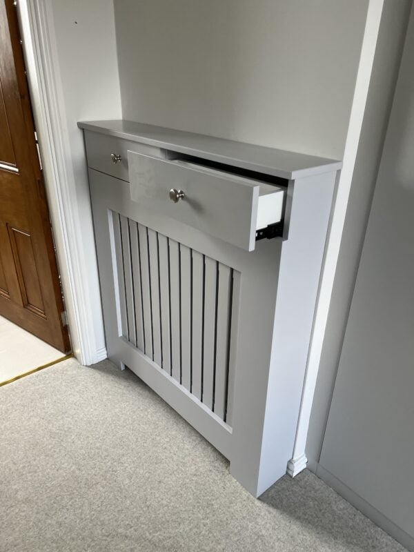 Custom Radiator Cover With Drawers, Vertical Slat Design