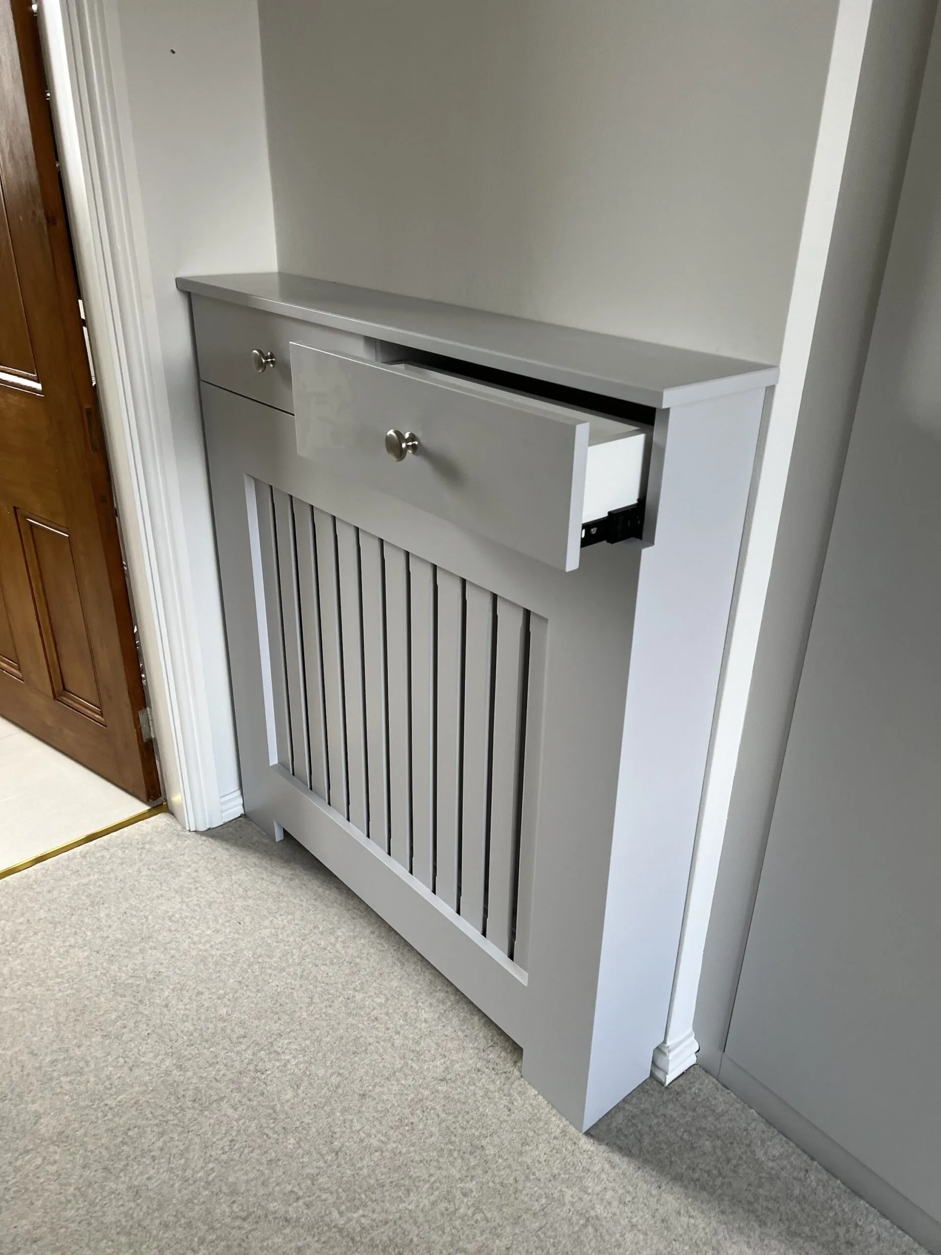 Custom Radiator Cover With Drawers, Vertical Slat Design
