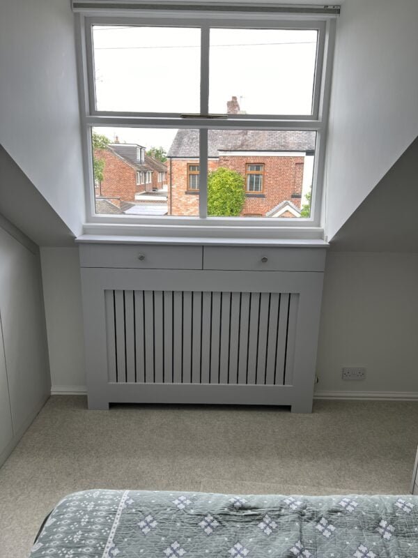Custom Radiator Cover With Drawers, Vertical Slat Design