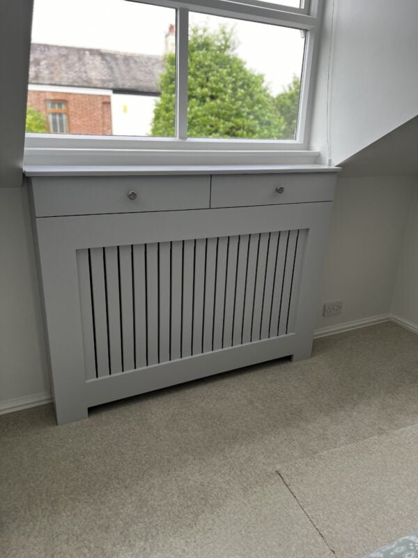 Custom Radiator Cover With Drawers, Vertical Slat Design