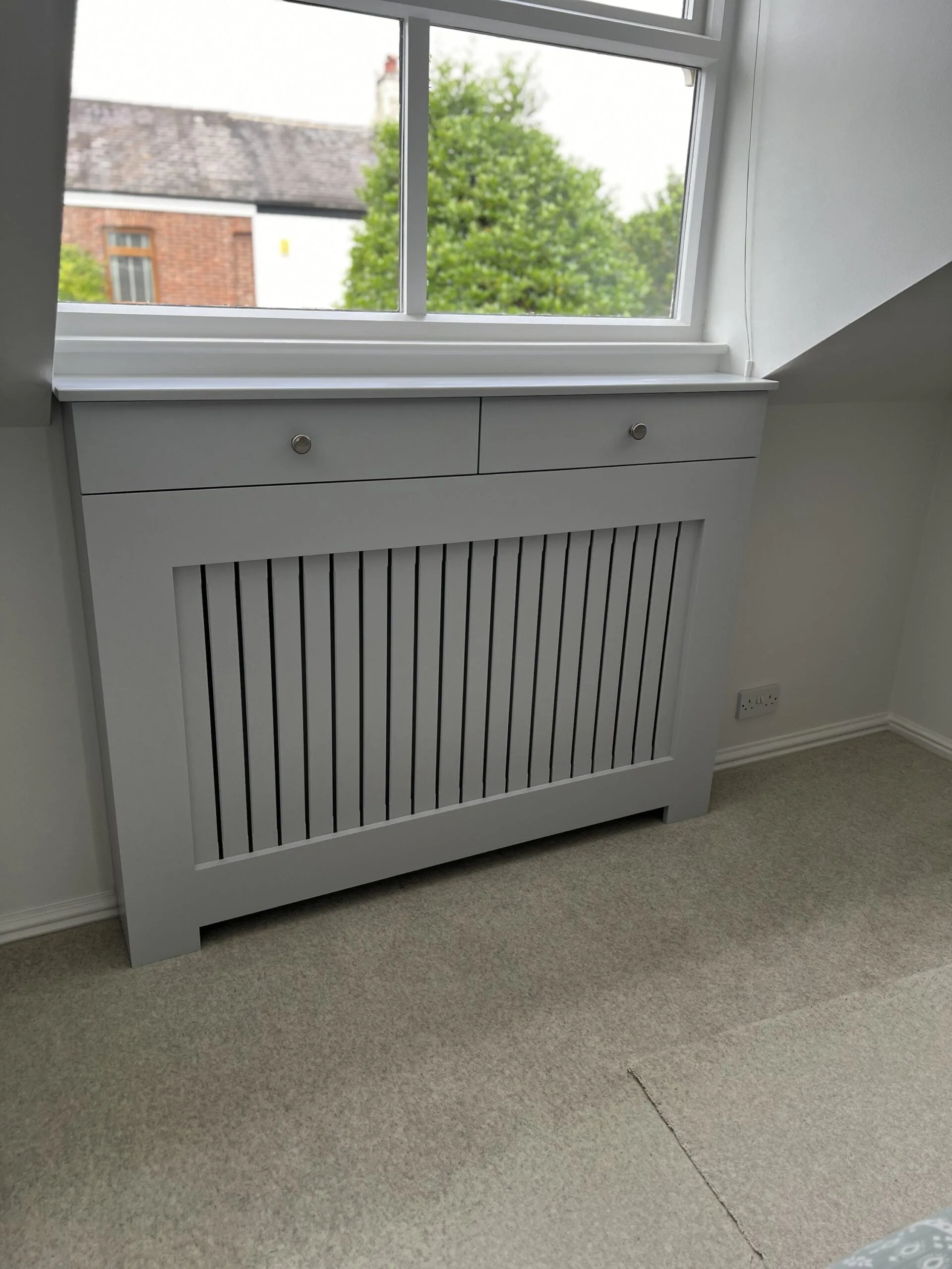 Custom Radiator Cover With Drawers, Vertical Slat Design