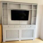 Bespoke Radiator cover with functional drawers and overhead shelving, Farrow & Ball Pavilion Gray