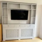 Bespoke Radiator cover with functional drawers and overhead shelving, Farrow & Ball Pavilion Gray