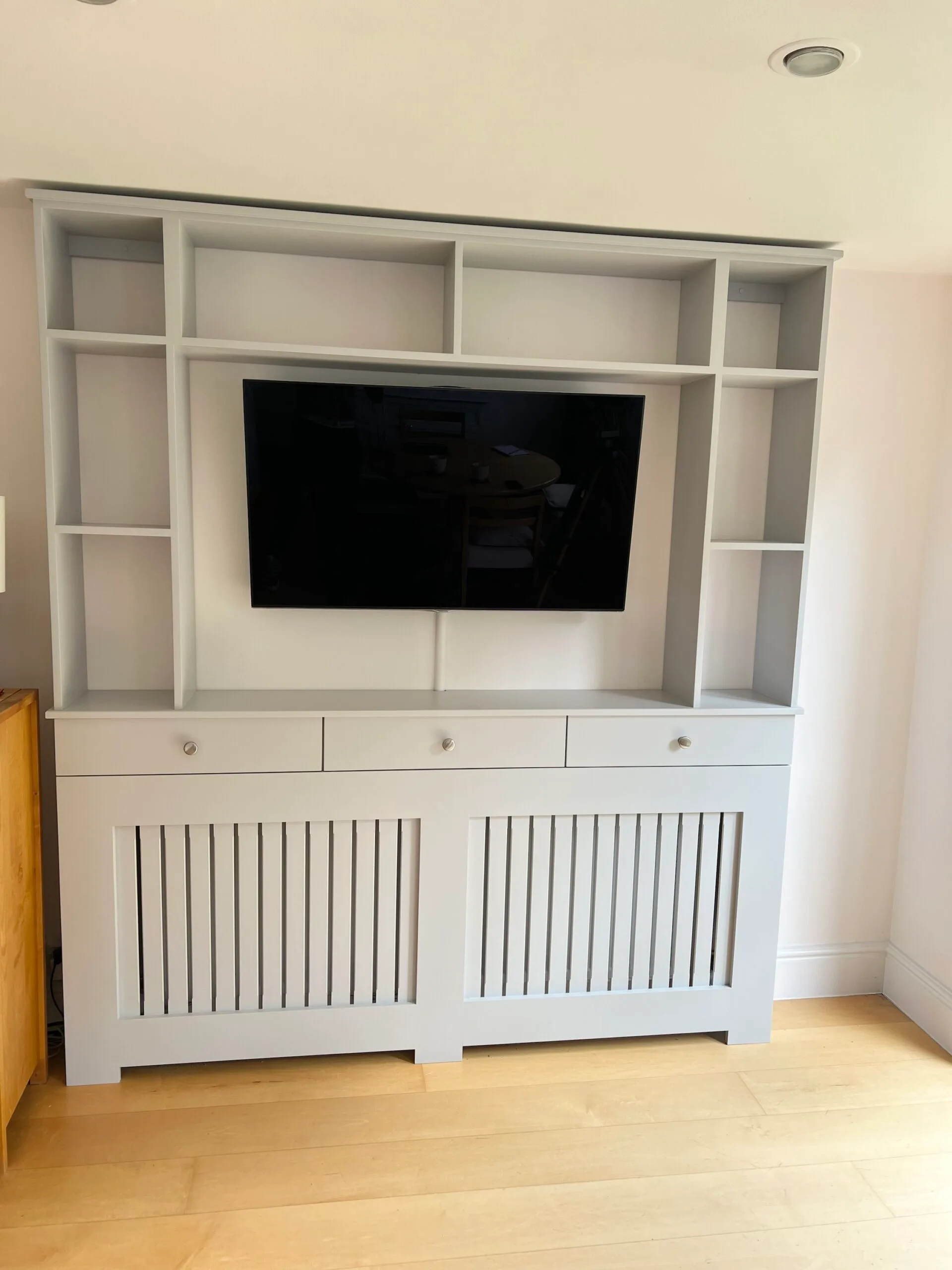 Bespoke Radiator cover with functional drawers and overhead shelving, Farrow & Ball Pavilion Gray