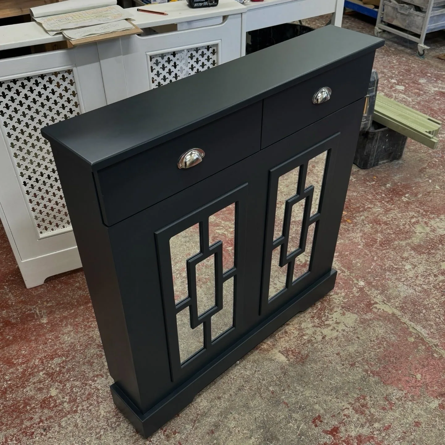 Mirrored radiator cover with useable drawers, Farrow & Ball Railings