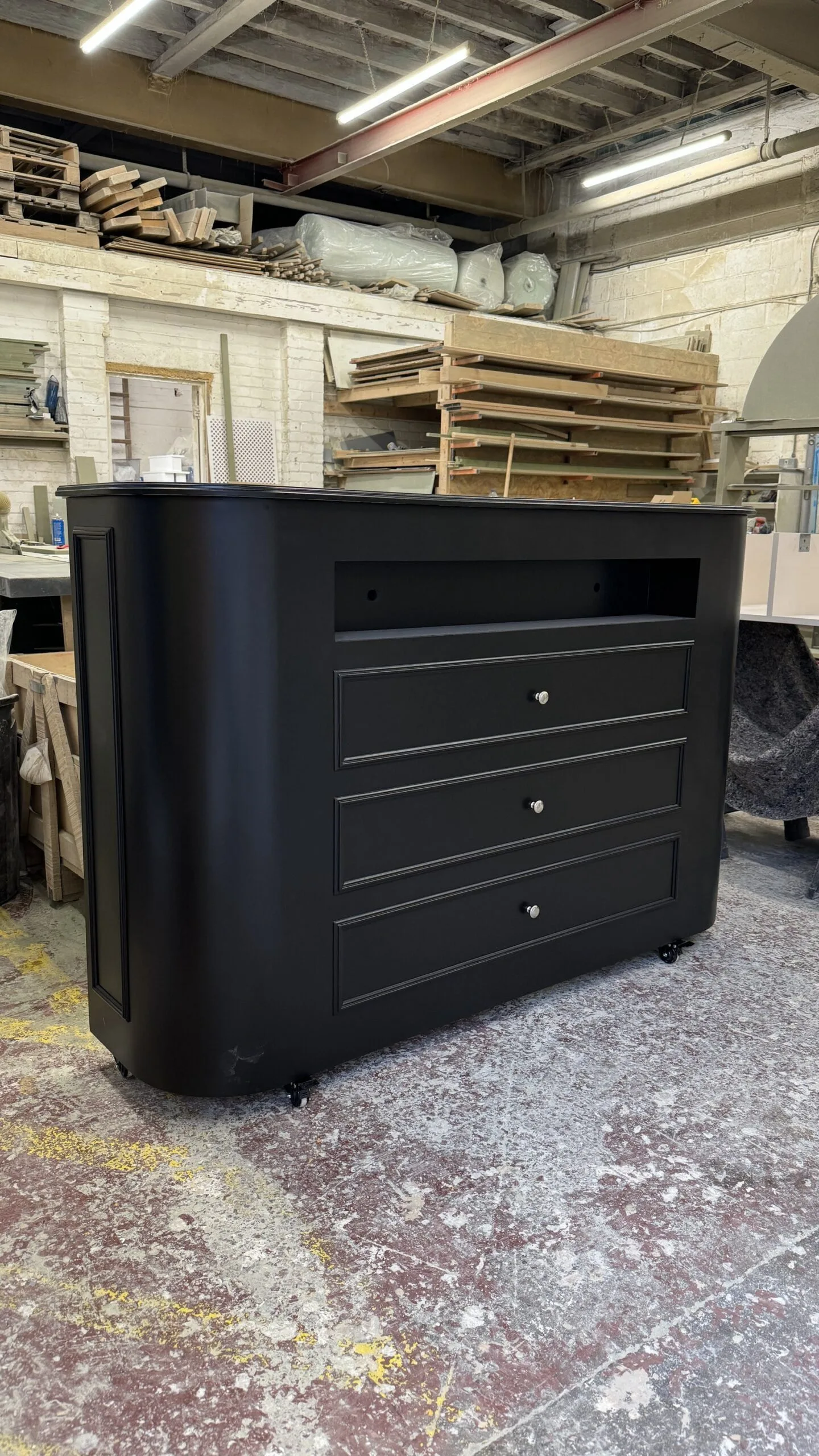 Curved TV Stand, Motorised TV Box, Faux drawer front, Matt Black
