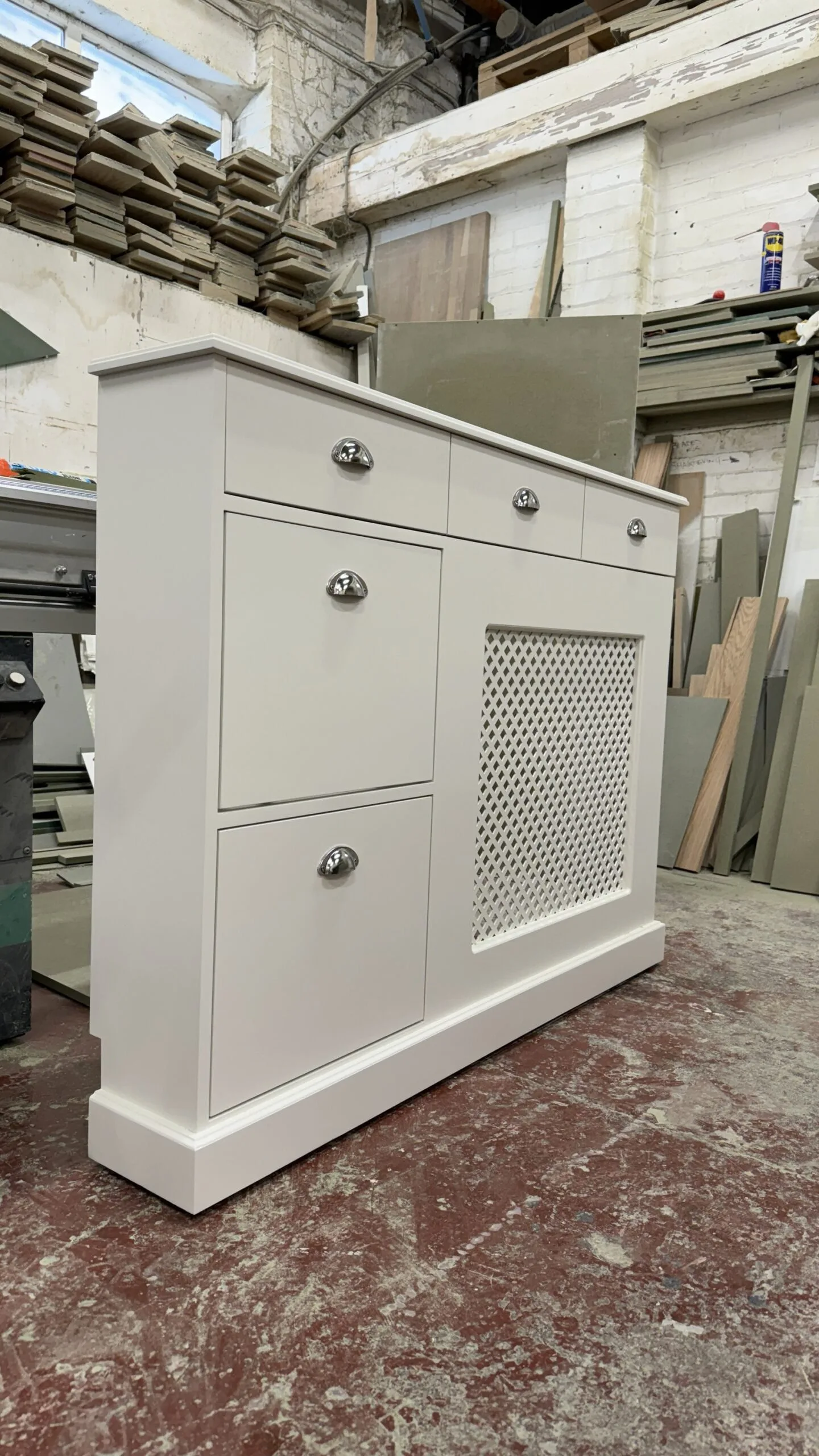 Regency grill radiator cover with shoe storage, drawers