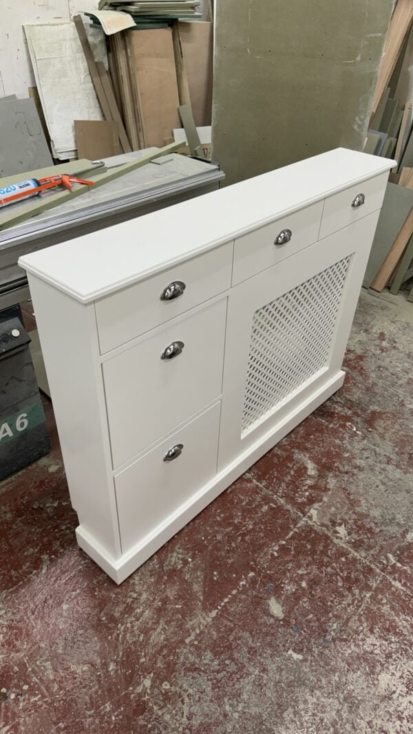 Regency grill radiator cover with shoe storage, drawers
