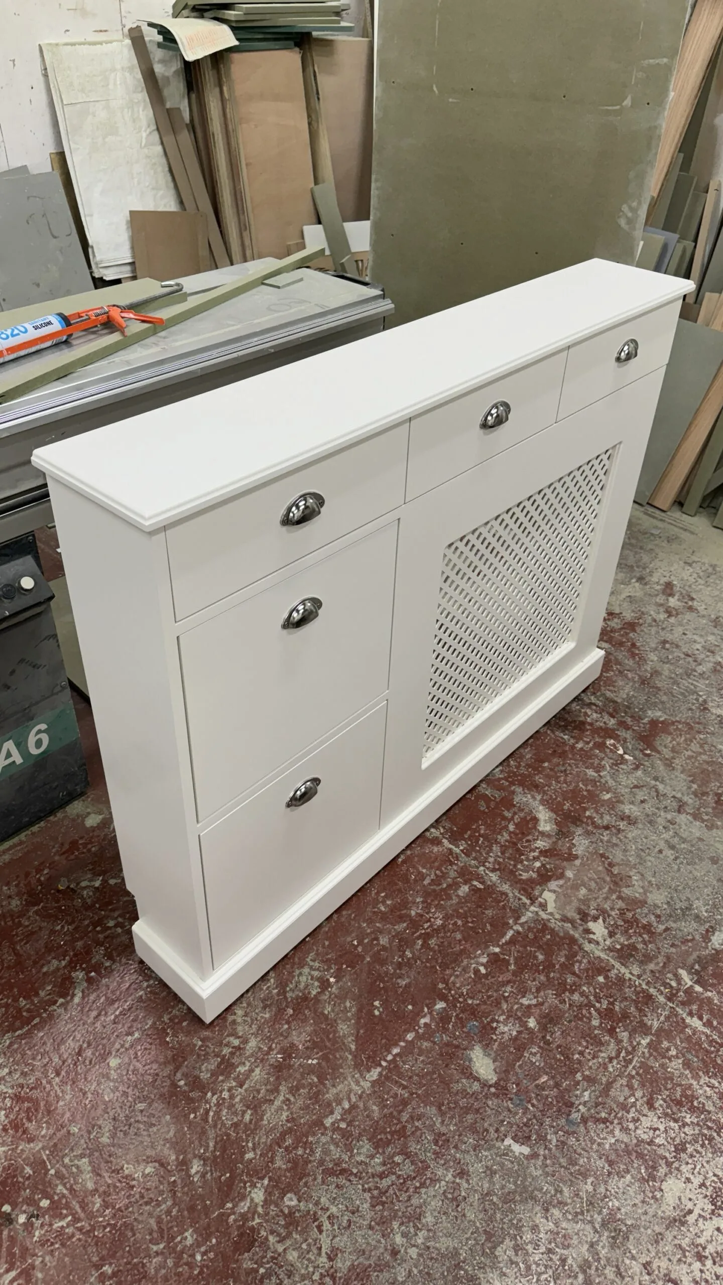 Regency grill radiator cover with shoe storage, drawers