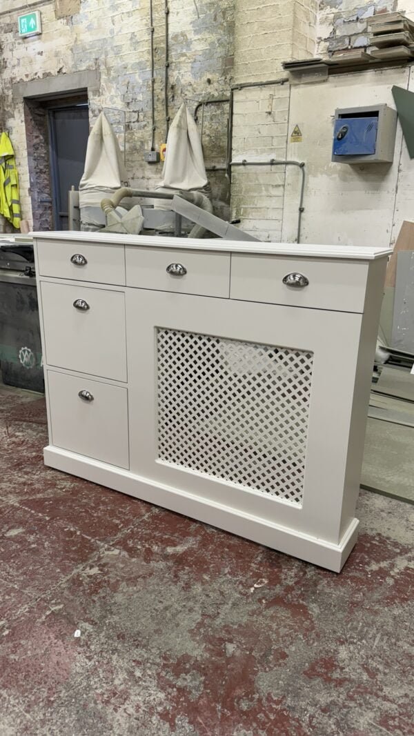 Regency grill radiator cover with shoe storage, drawers