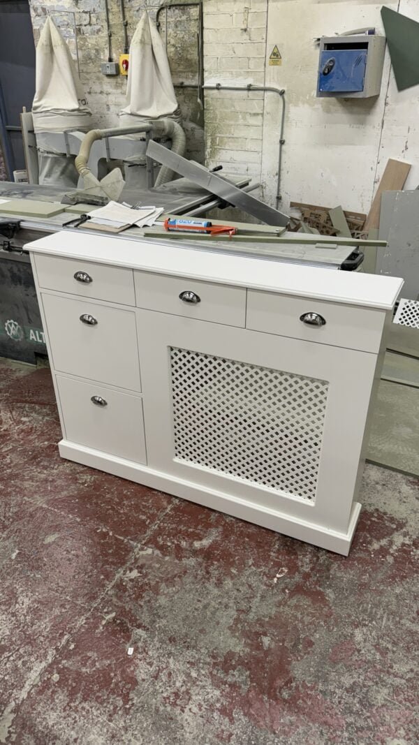 Regency grill radiator cover with shoe storage, drawers