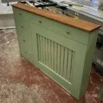 Radiator cover with shoe storage, Solid oak top shelf (Farrow & Ball Breakfast Room Green)