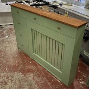 Radiator cover with shoe storage, Solid oak top shelf