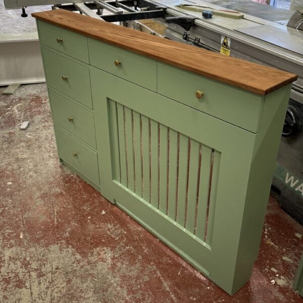 Radiator cover with shoe storage, Solid oak top shelf