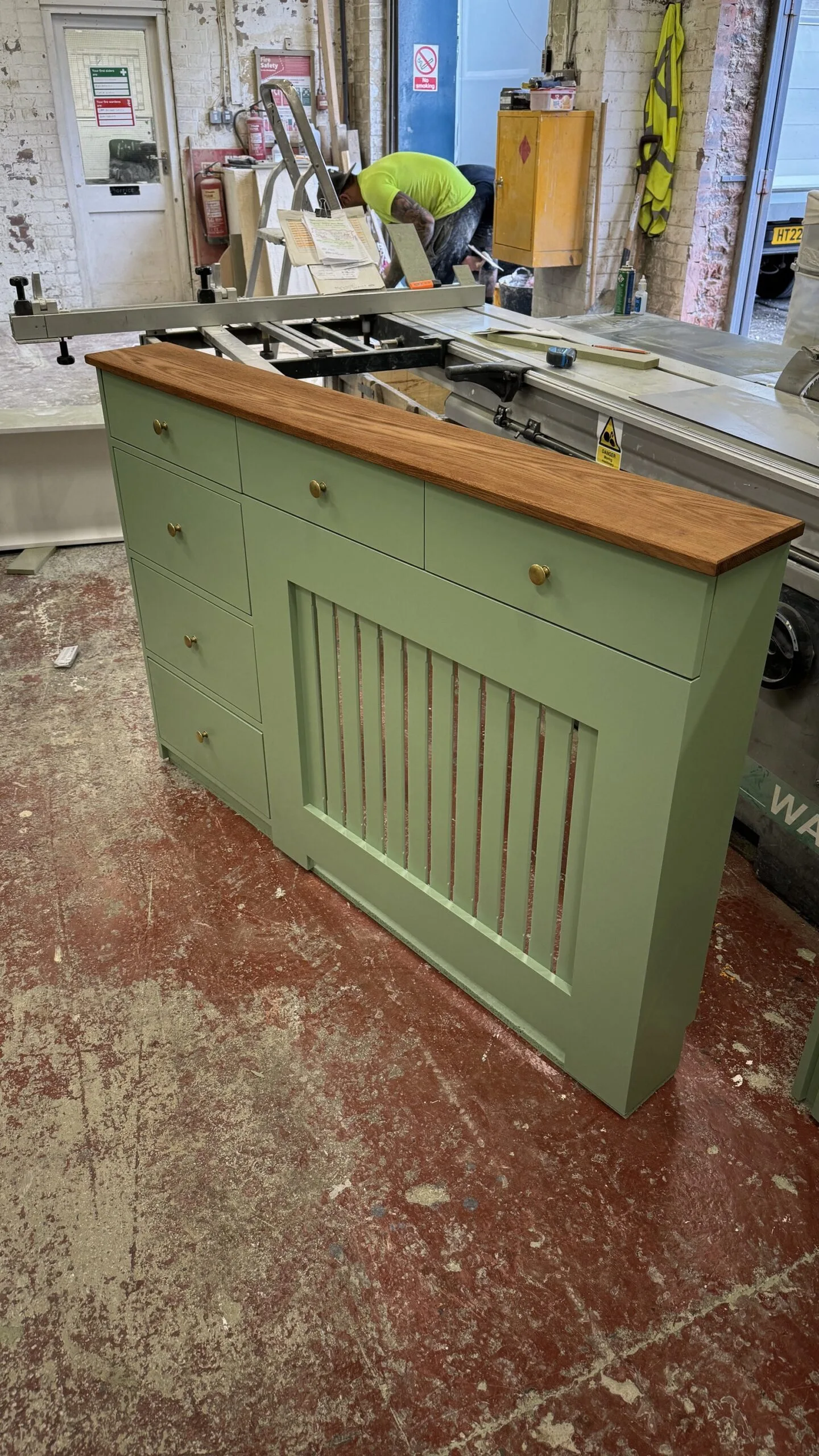 Radiator cover with shoe storage, Solid oak top shelf (Farrow & Ball Breakfast Room Green)