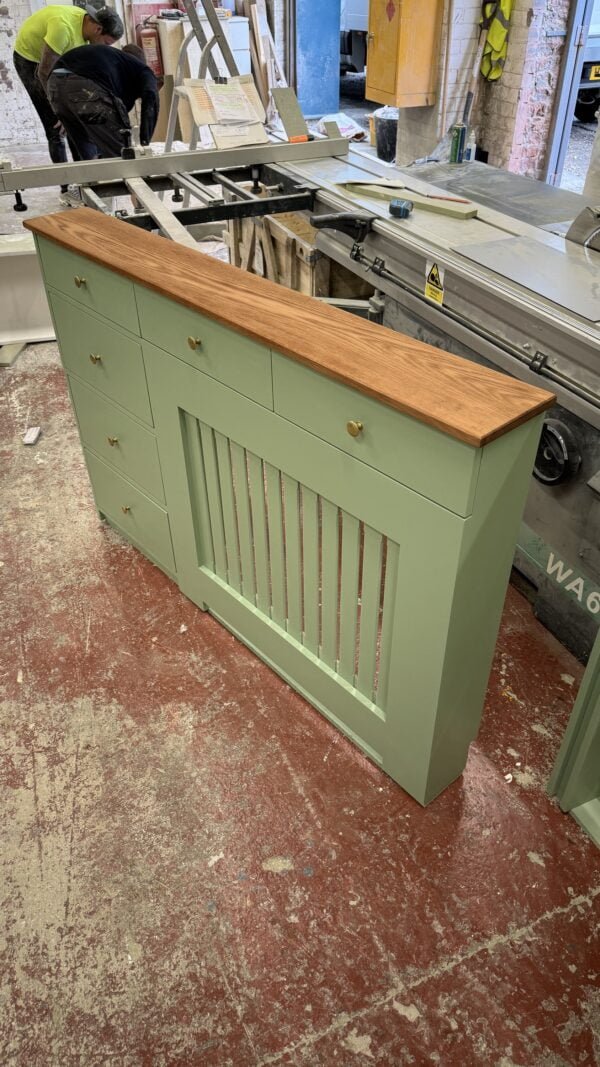 Radiator cover with shoe storage, Solid oak top shelf
