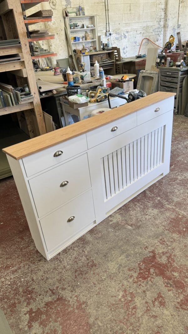 Radiator cover with shoe storage, Solid oak top shelf