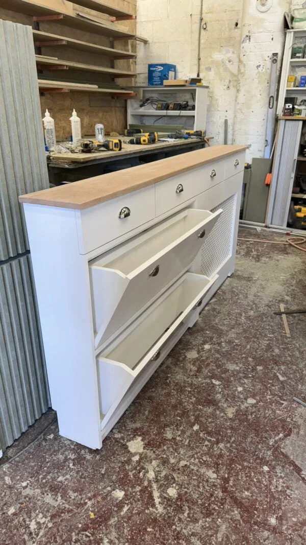 Radiator cover with shoe storage, Solid oak top shelf Regency Grill Design, White