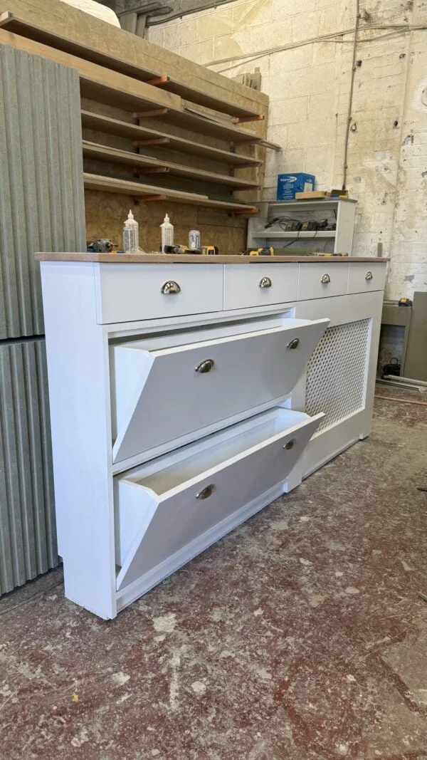 Radiator cover with shoe storage, Solid oak top shelf Regency Grill Design, White