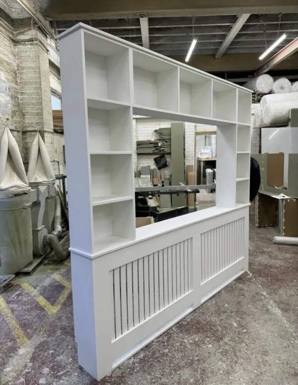 White Vertical Slat Cover with Media Shelving