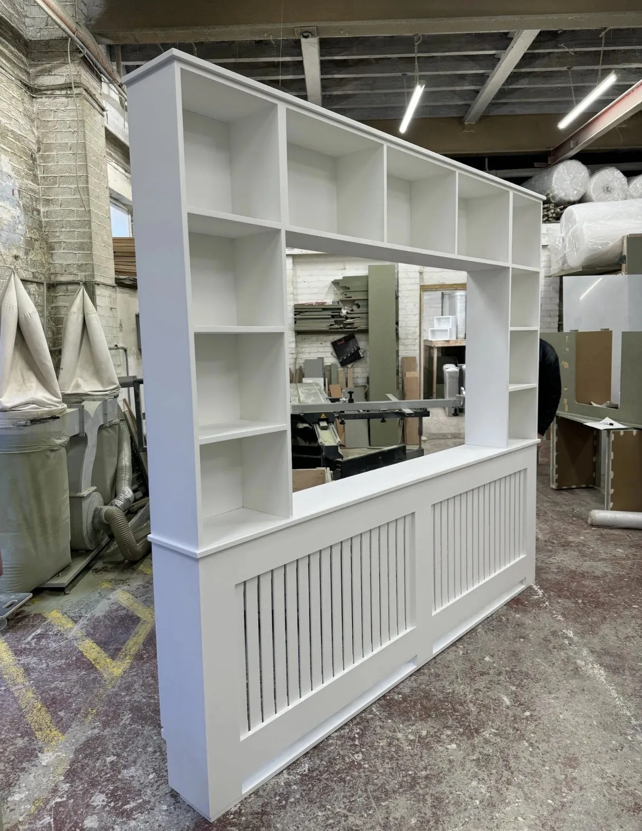 White Vertical Slat Cover with Media Shelving