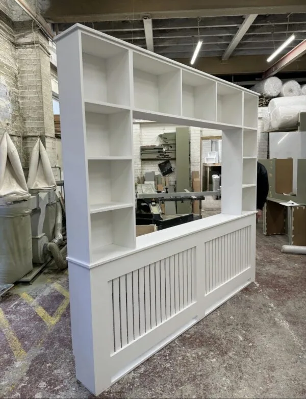 White Vertical Slat Cover with Media Shelving