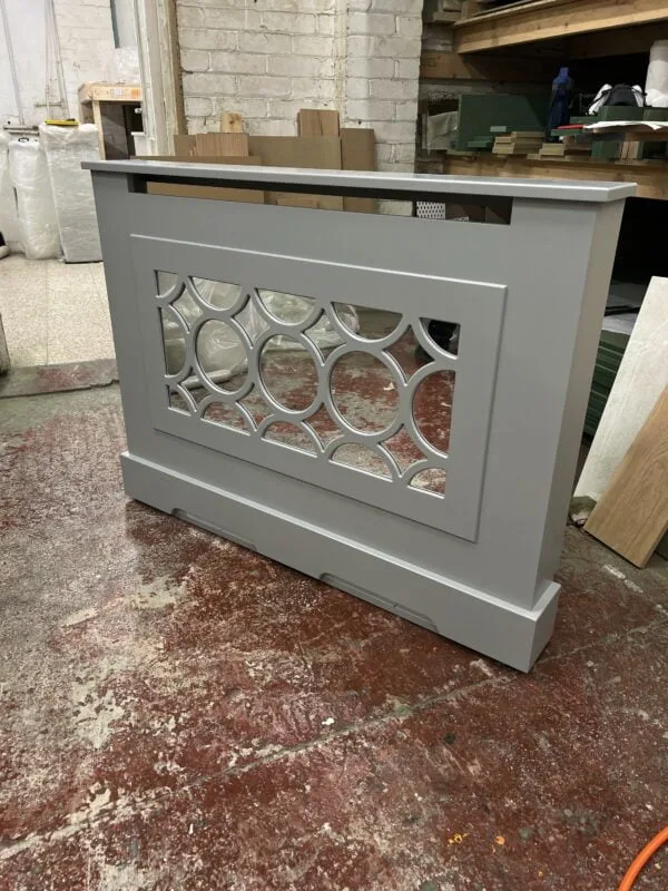 Mirrored Radiator Cover, Circular Fretwork (Image Manor House Grey)