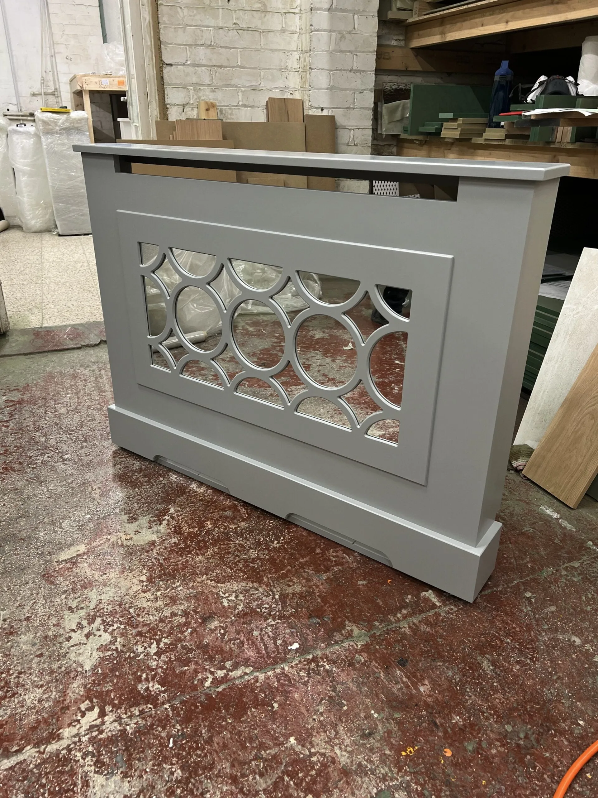 Mirrored Radiator Cover, Circular Fretwork (Image Manor House Grey)