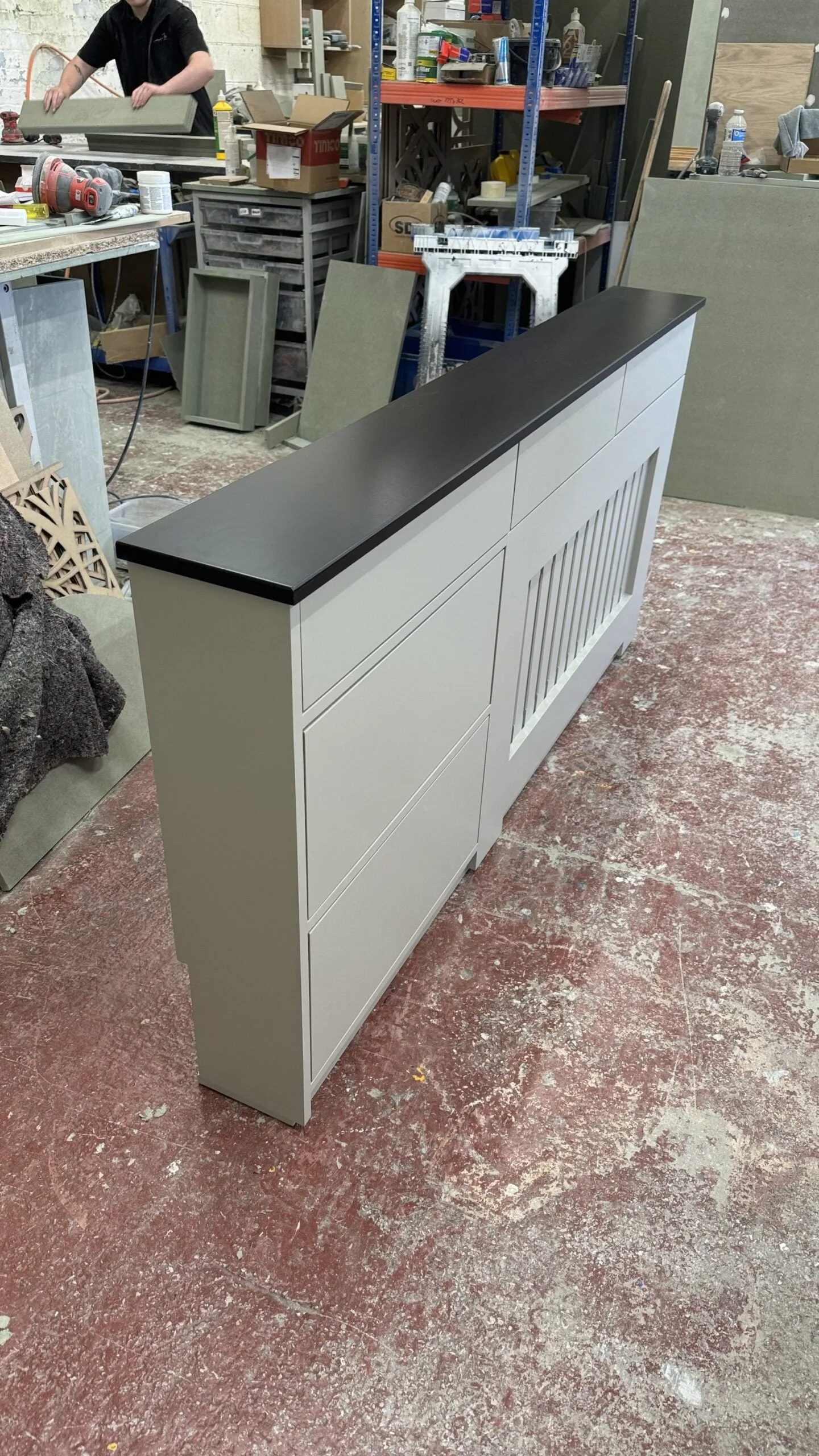 Radiator cover with shoe storage and drawers, Vertical Slat Design