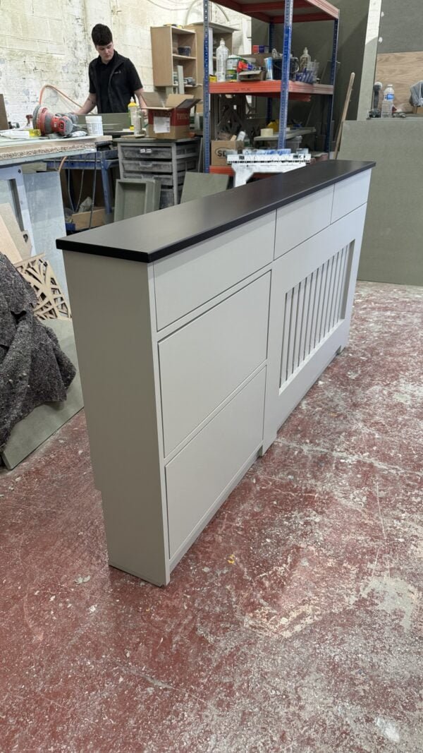 Radiator cover with shoe storage and drawers, Vertical Slat Design