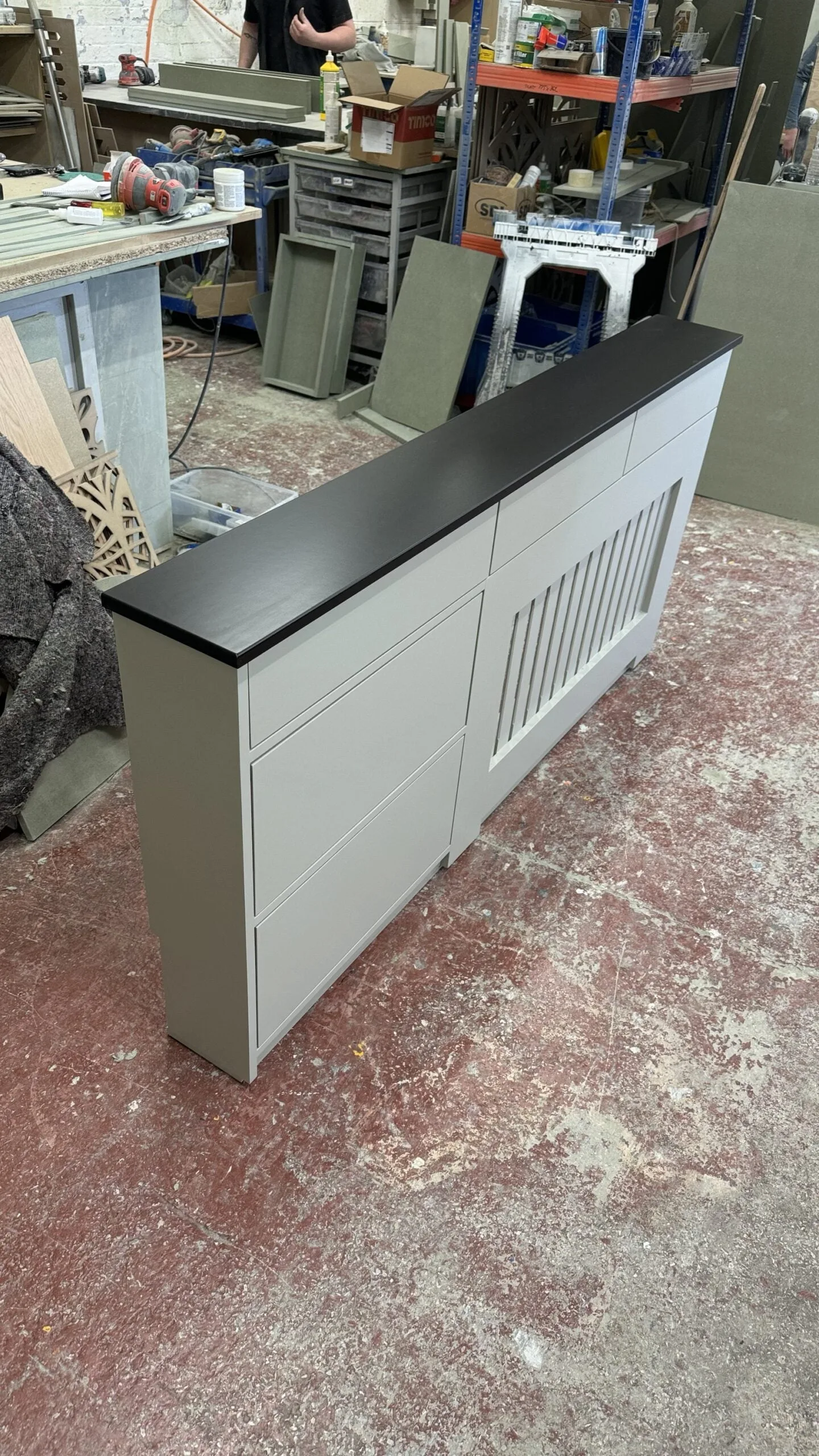 Radiator cover with shoe storage and drawers, Vertical Slat Design