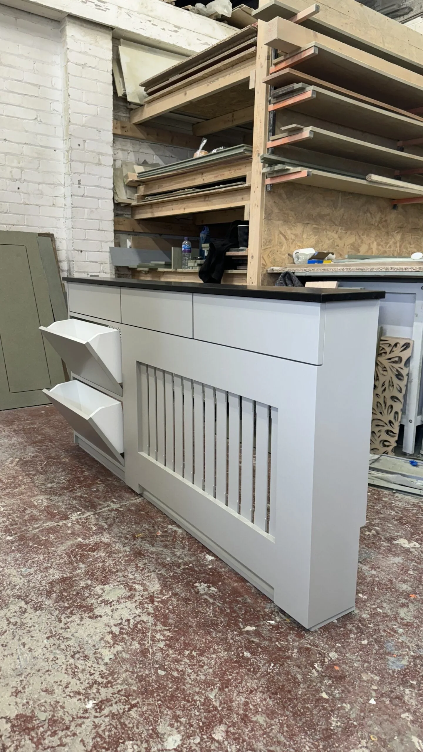 Radiator cover with shoe storage and drawers, Vertical Slat Design
