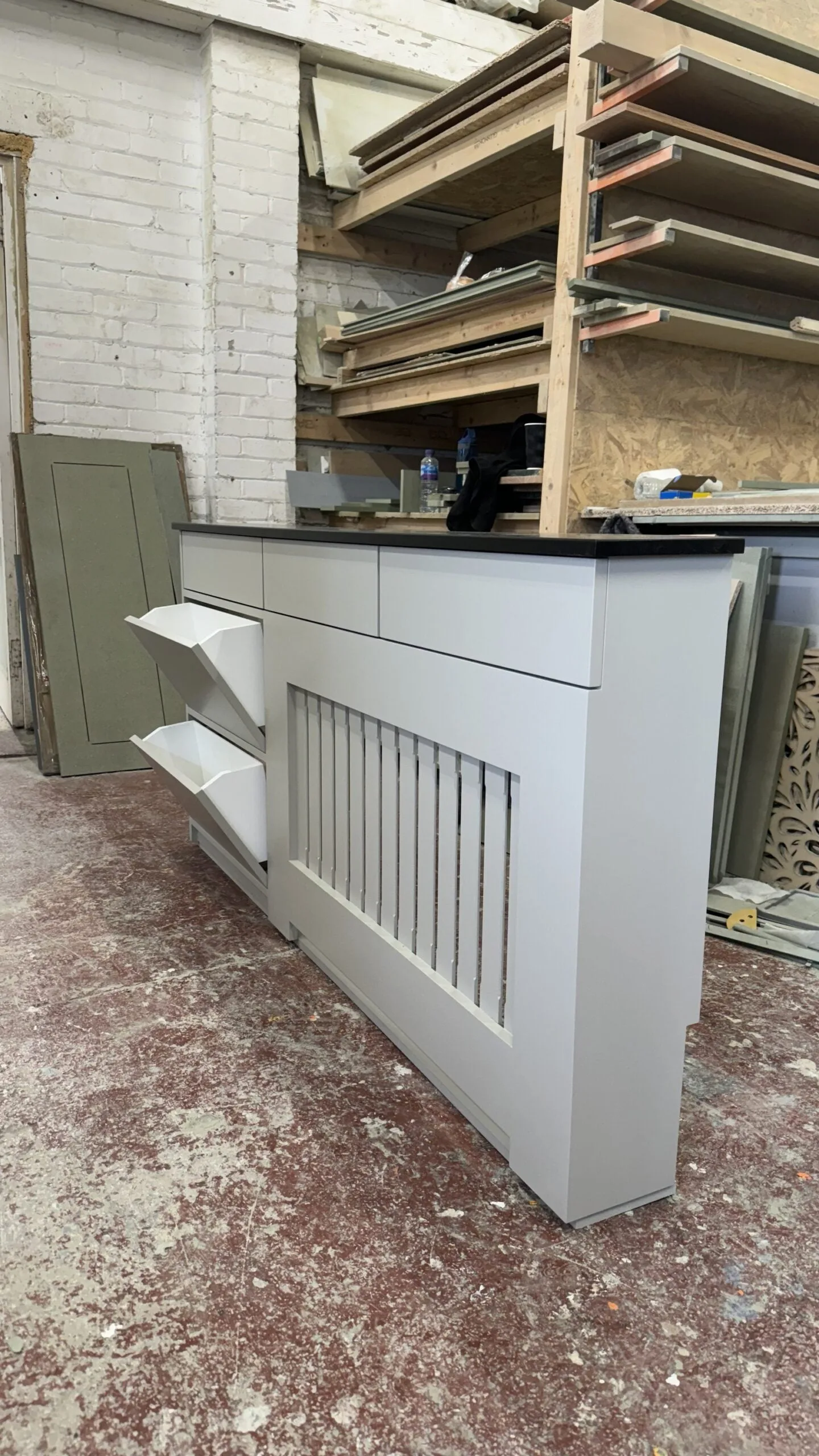 Radiator cover with shoe storage and drawers, Vertical Slat Design