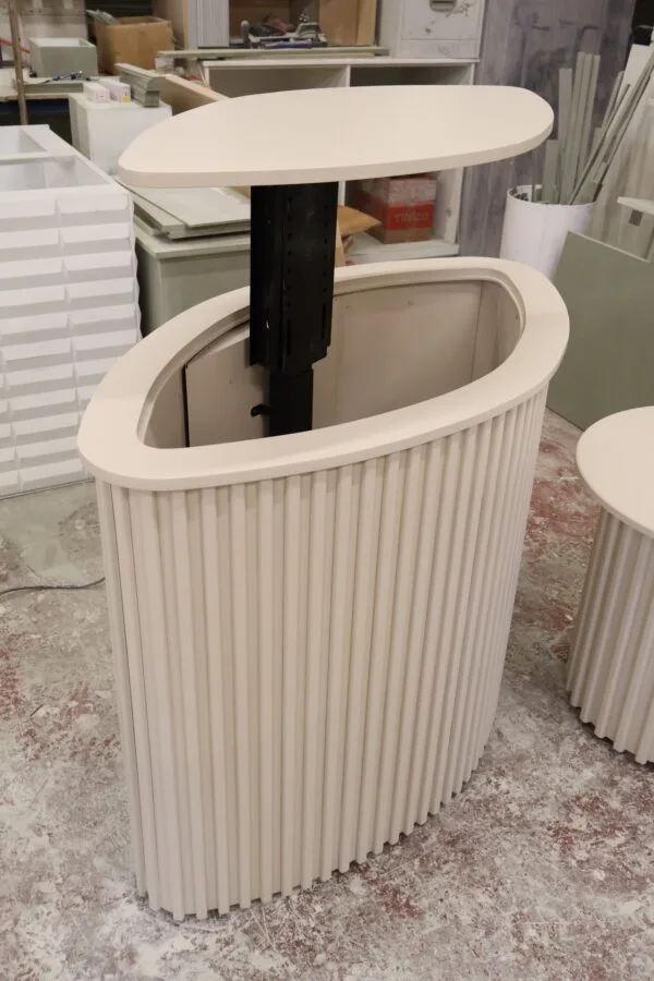 Curved TV box, Motorised TV stand, Reeded design