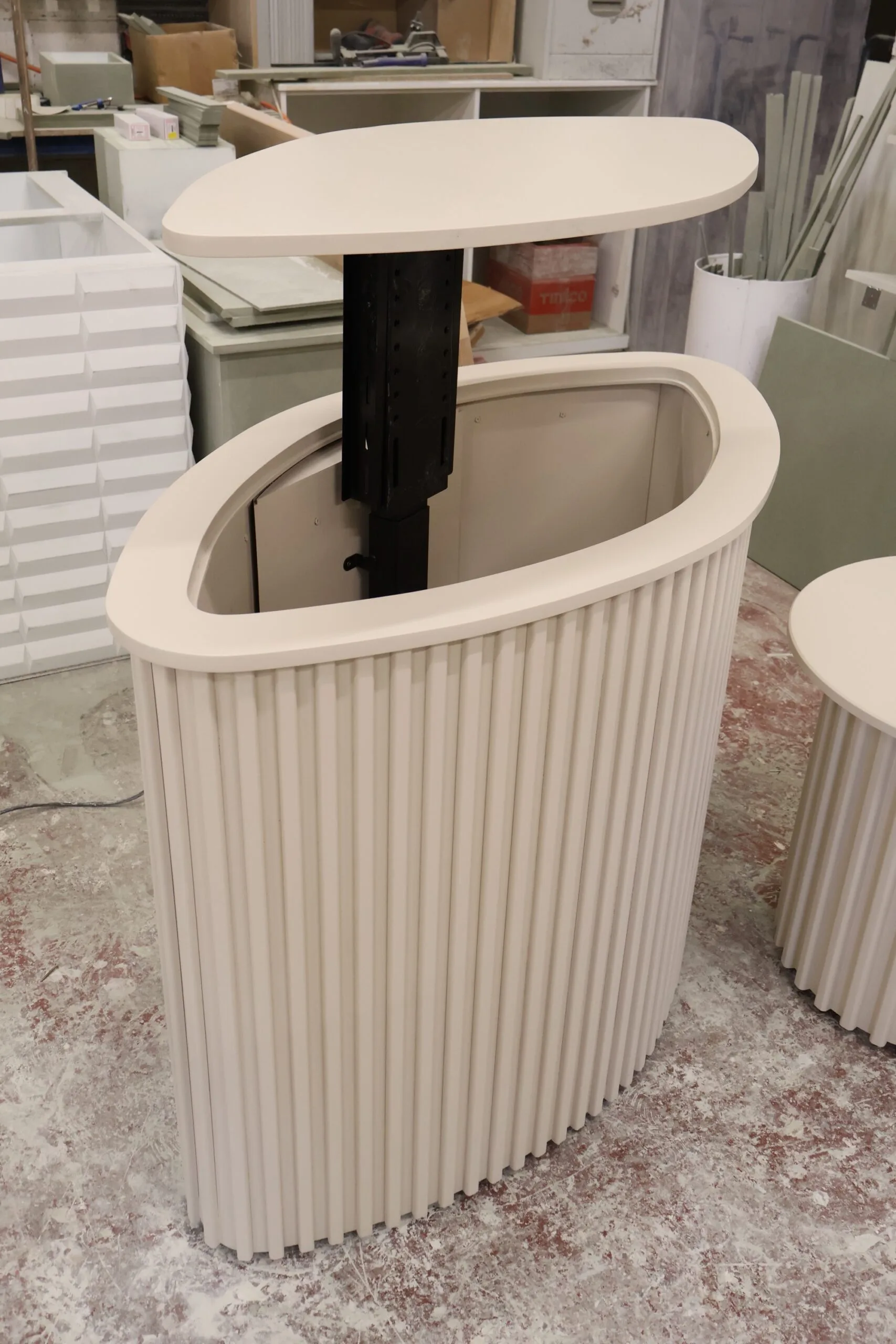 Curved TV box, Motorised TV stand, Reeded design