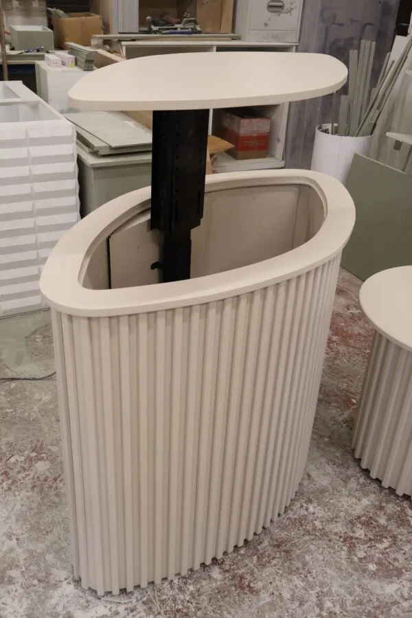 Curved TV box, Motorised TV stand, Reeded design