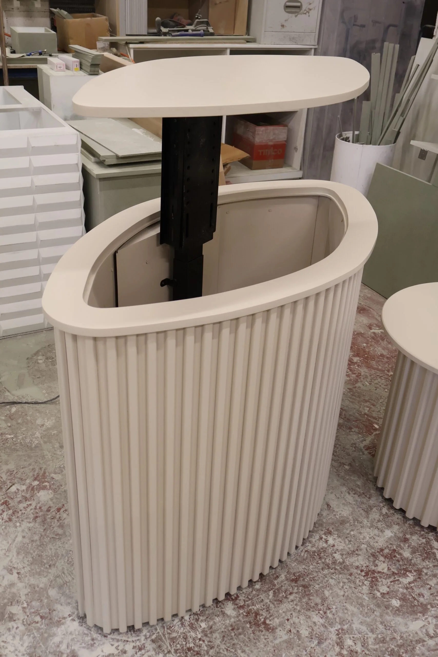 Curved TV box, Motorised TV stand, Reeded design