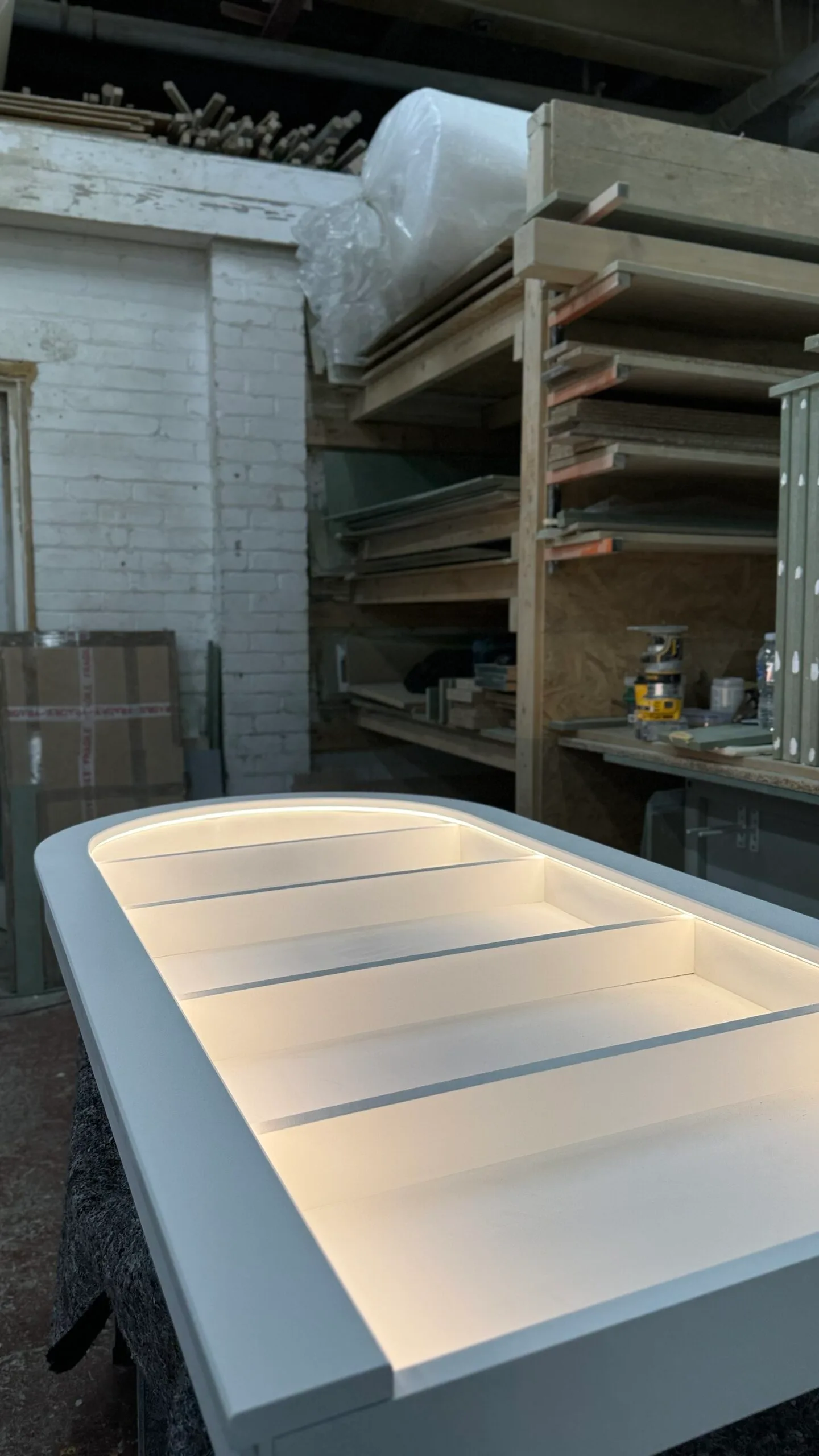 Bespoke Curved Floating Wall Unit with LED Lighting and backing, Slimline
