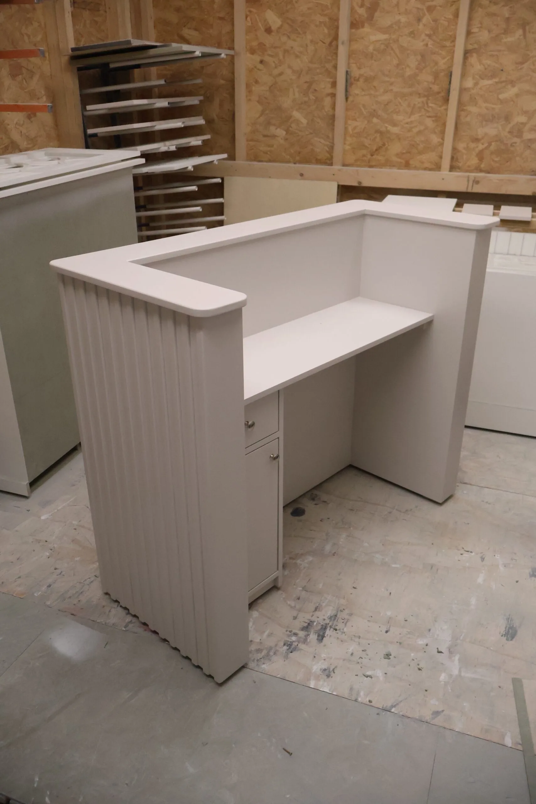 Reeded Bespoke Reception Desk, Farrow and Ball, Ammonite