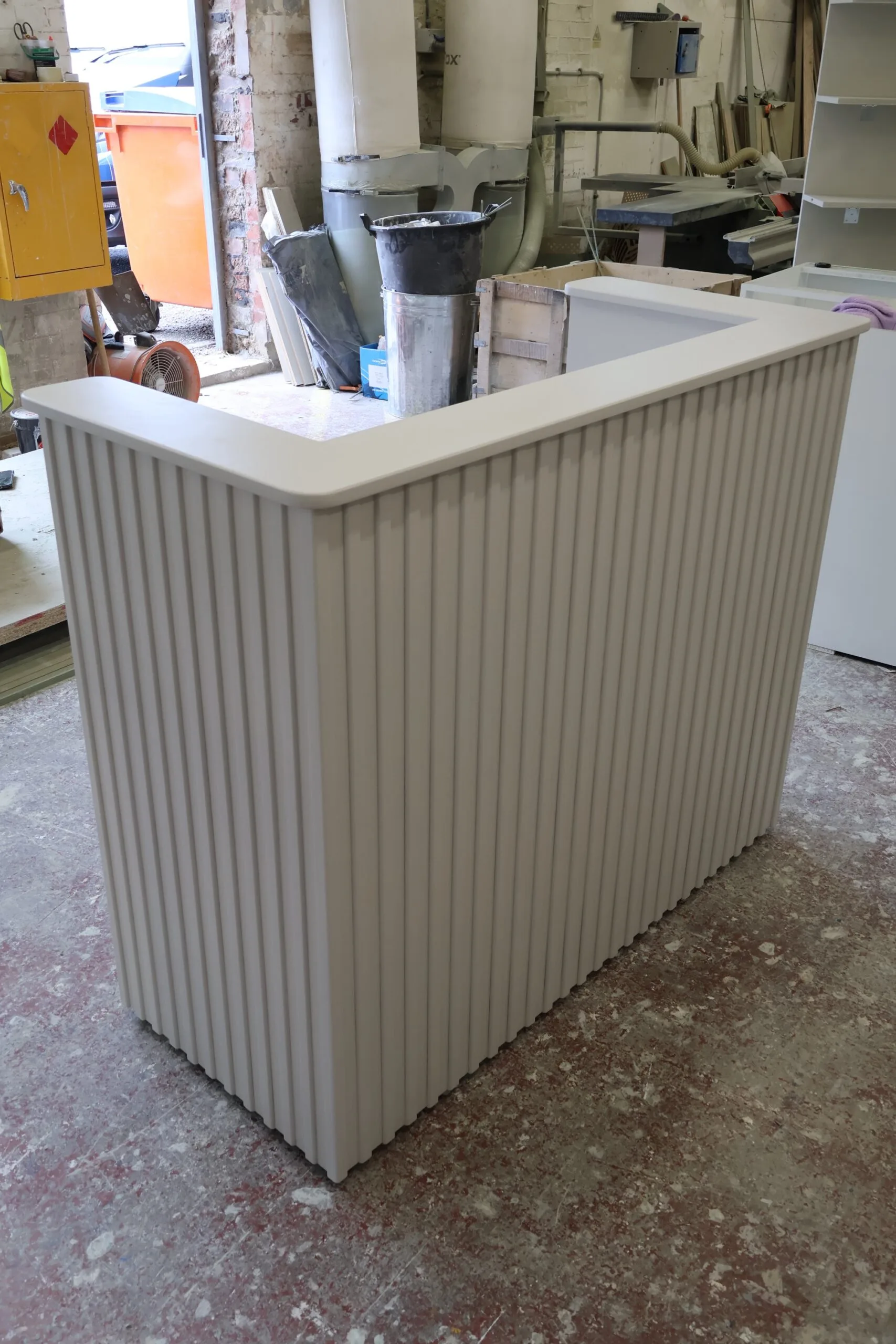 Reeded Bespoke Reception Desk, Farrow and Ball, Ammonite
