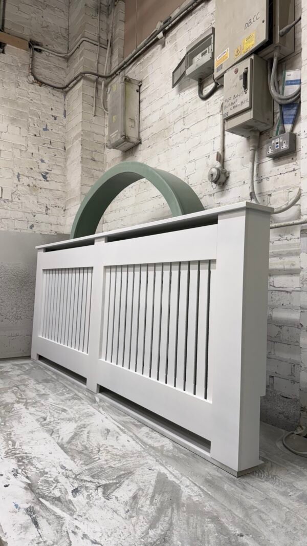 Large White Radiator Cover, Vertical Slat Design 90cm H x 210cm W x 15cm D