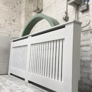 Large White Radiator Cover, Vertical Slat Design 90cm H x 210cm W x 15cm D